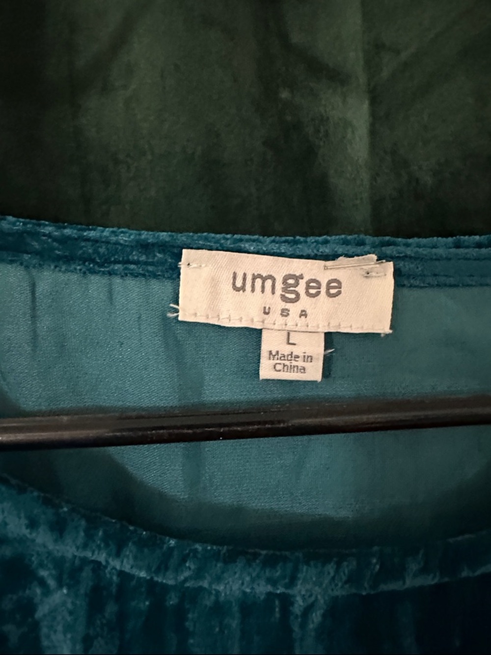 Umgee Teal Velvet Dress with Patterned Green Puff Sleeves - Picture 2 of 7